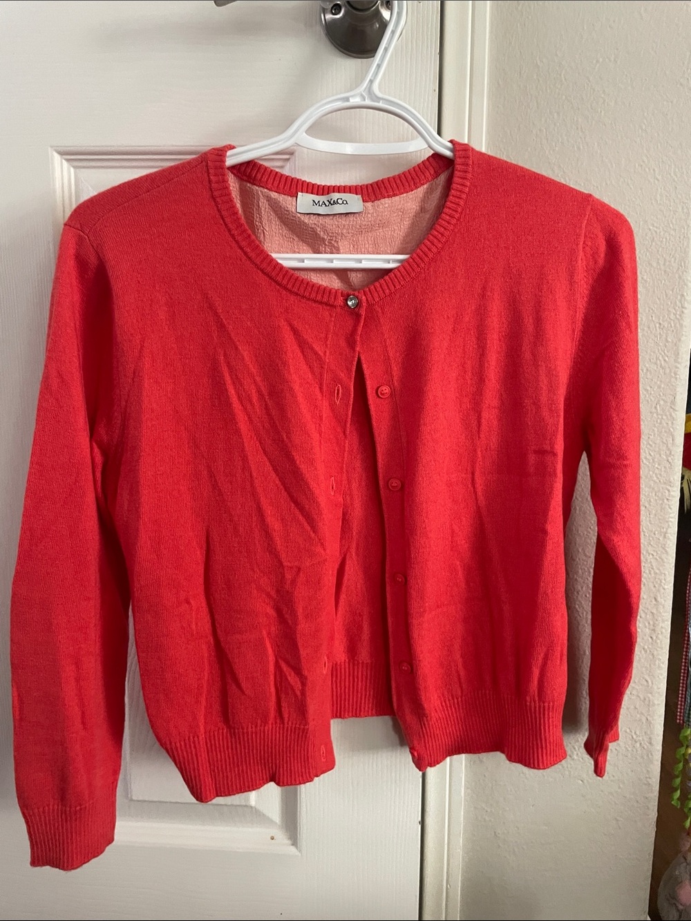 Max & Co. Coral-Red Crewneck Button-Up Cardigan